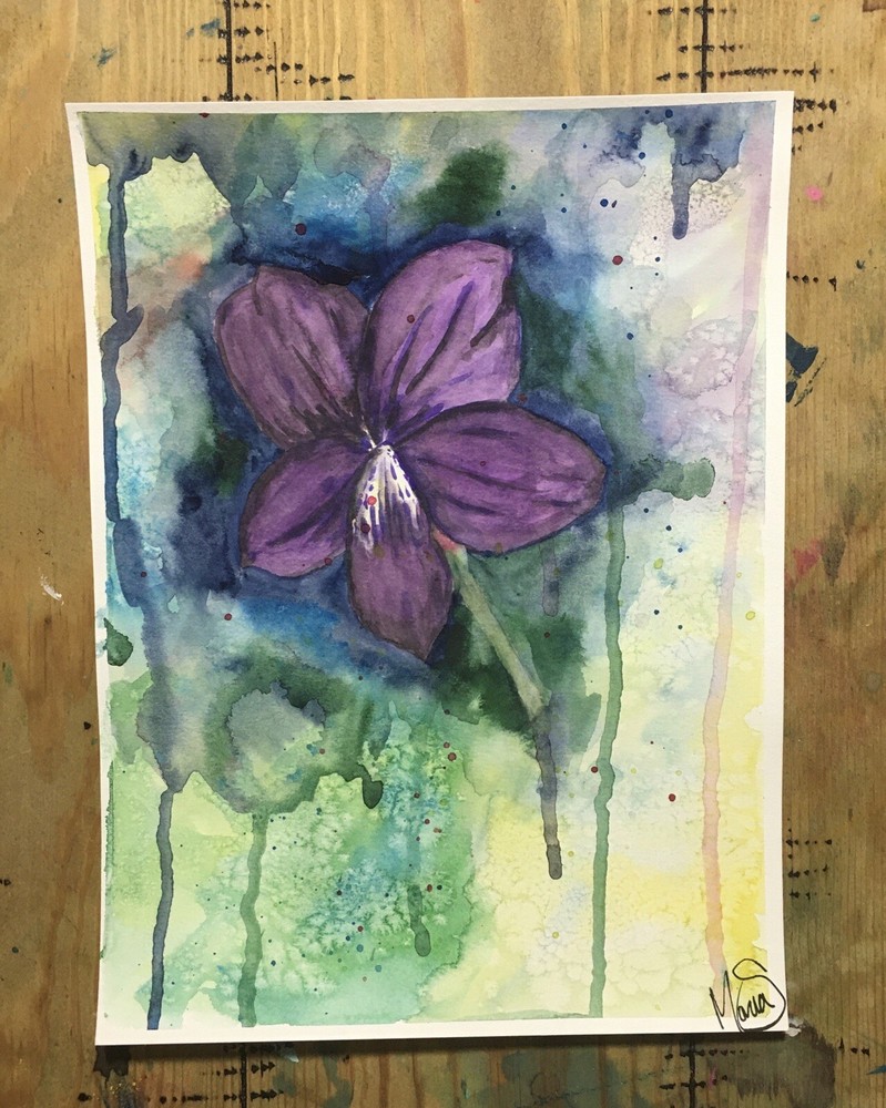 Maria Scalf Flower Floral Abstract Botanical Violet Watercolor Signed Art 9x12