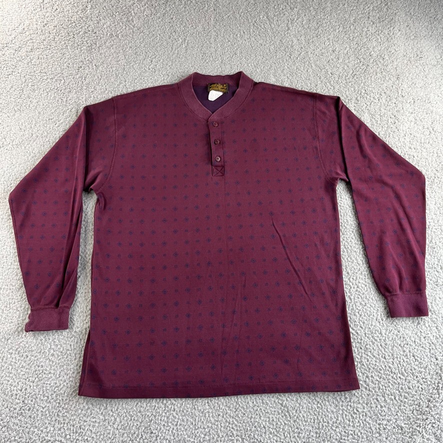 Vintage Eddie Bauer T Shirt Mens Medium Maroon Red Henley Pullover USA Geometric