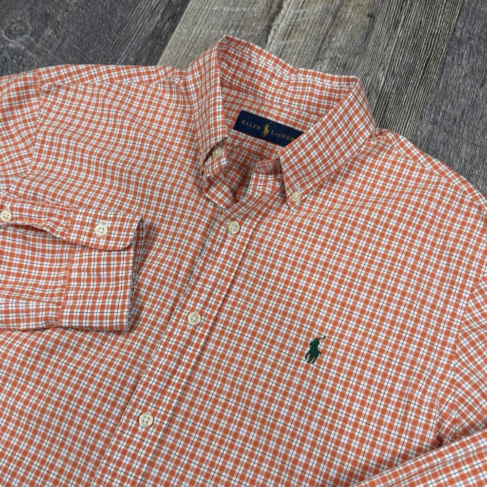 Polo Ralph Lauren Shirt Mens Medium Orange Plaid Button Down Custom Fit Cotton