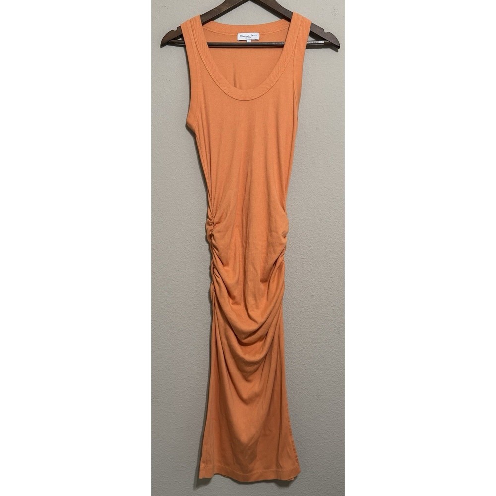 Michael Stars Tank Dress Ribbed Midi Side Slit Ruched Orange Small Bodycon