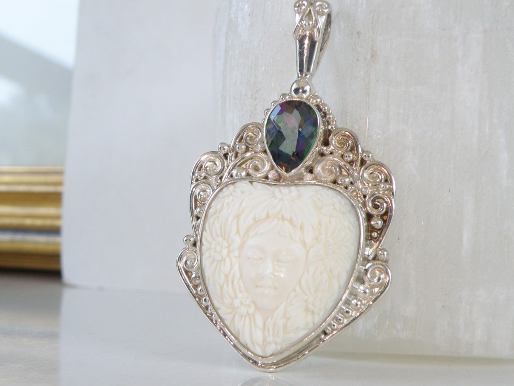 Large Sajen Sterling Silver 925 Carved Cameo Goddess Pendant