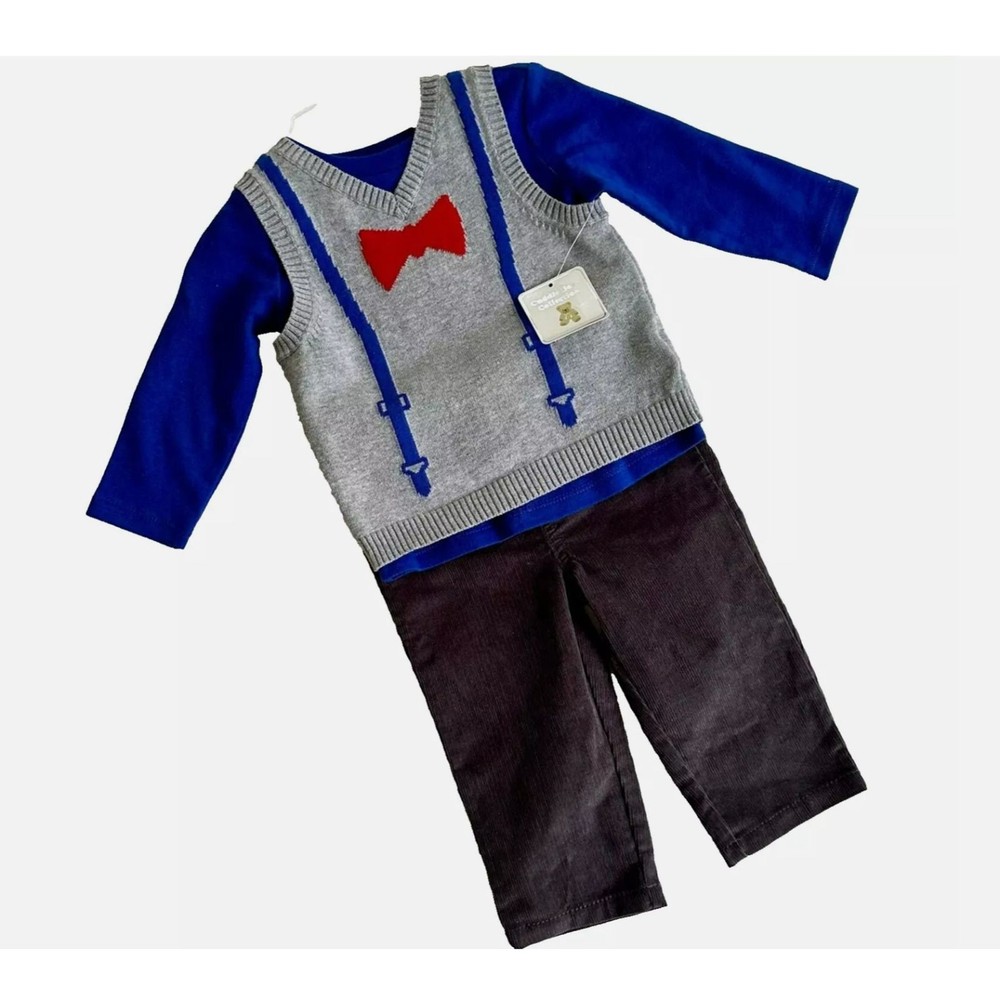 Christmas Sweater Outfit Baby Boys 3pc Vest Corduroy Pants Shirt Cotton 12M NWT