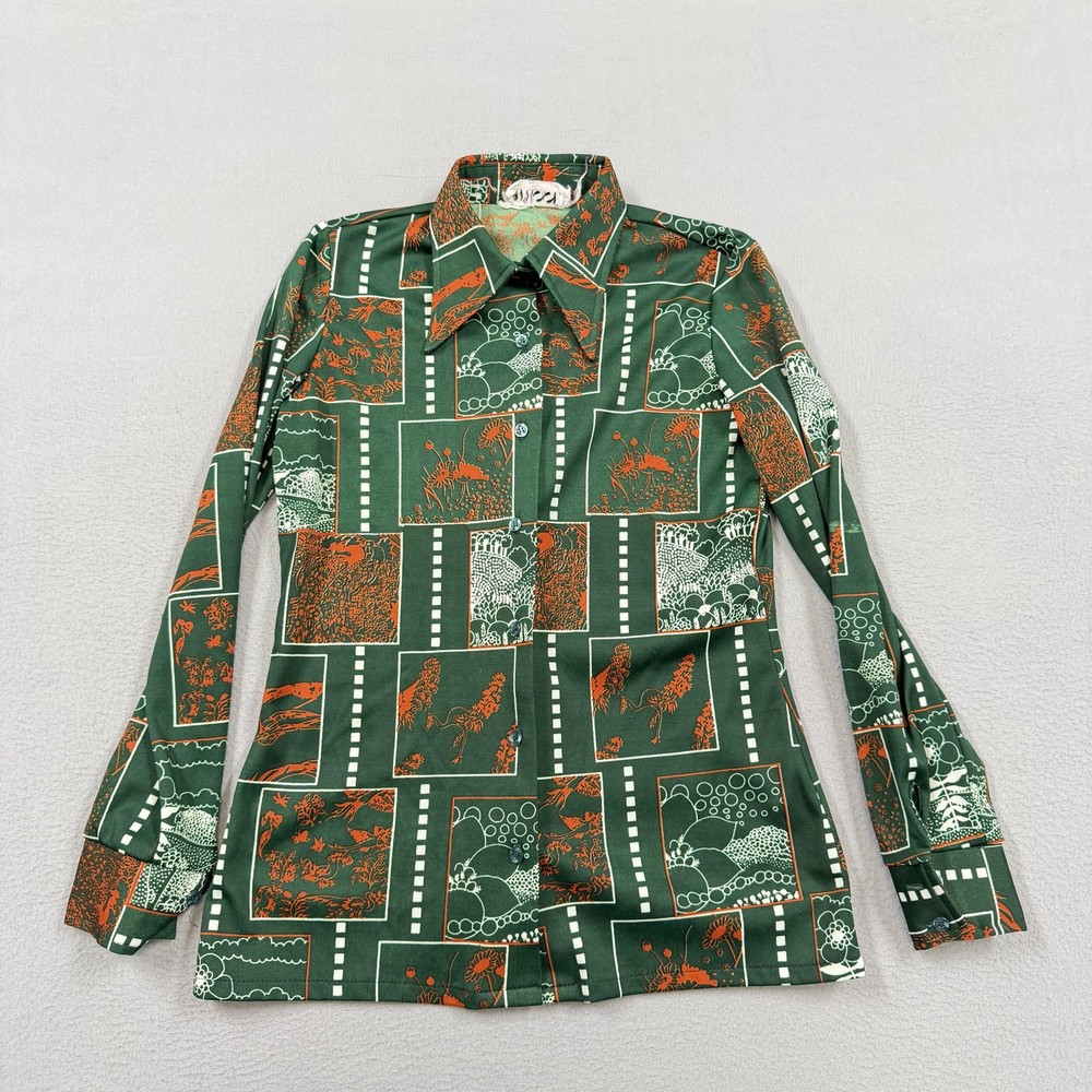 Vintage Trissi Shirt Womens Medium Green Floral 70s Point Collar Long Sleeve