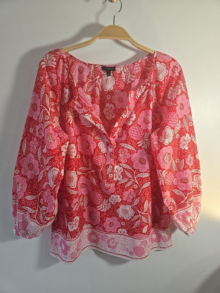 Talbots Soft Cotton Red Pink Floral Top Blouse Size Small Balloon Sleeve