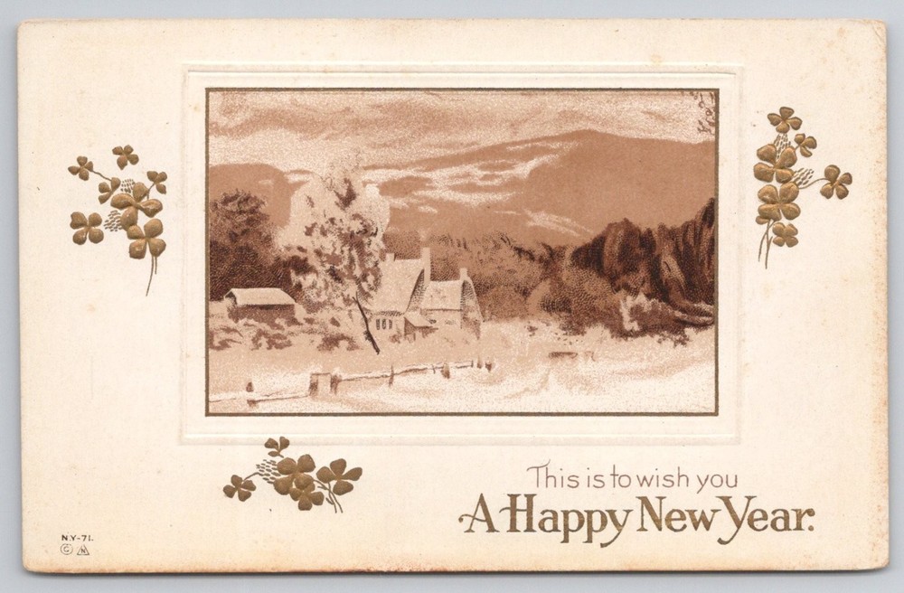 Vintage New Year Postcard Embossed Gold Clovers Sepia Winter Scene Unposted