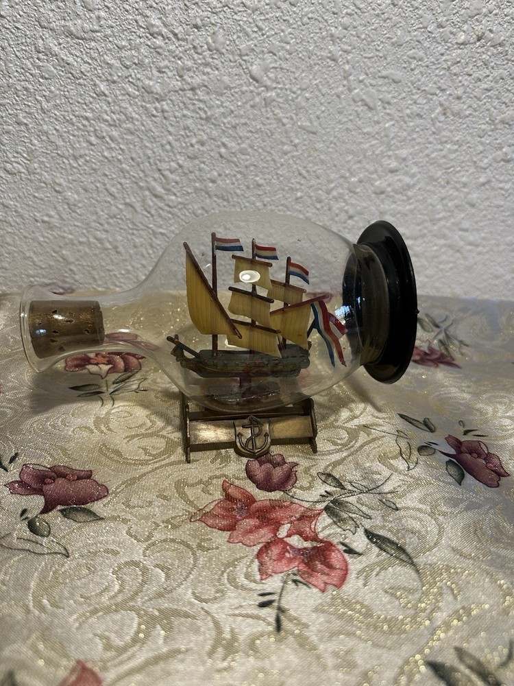Nautical Ship in a Bottle Model Multicolor Glass with Stand