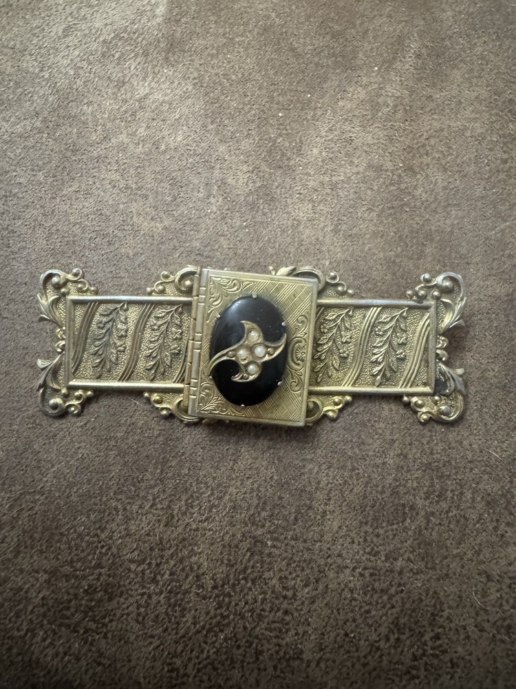 Vintage Gold Brooch With Onyx And Pearl With Locket In Center