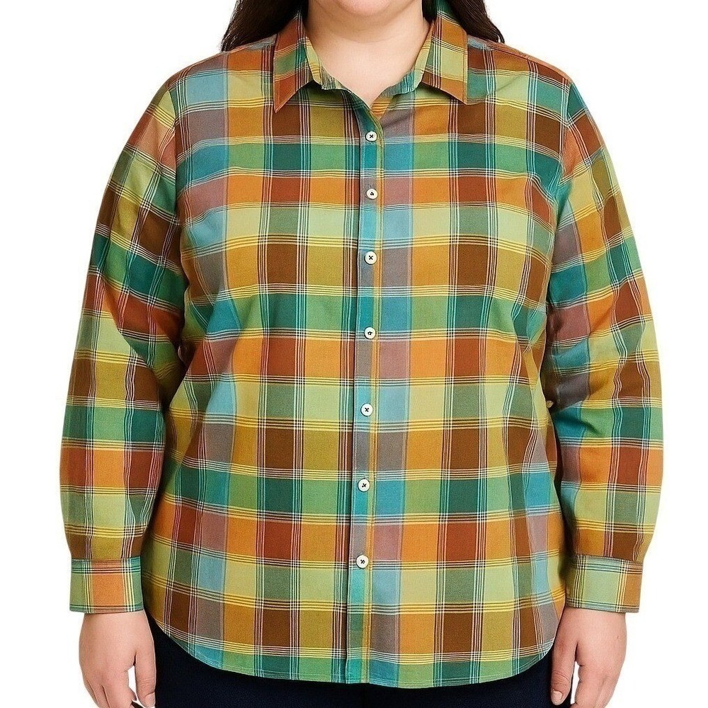 Orvis Womens 20 Plus Plaid Hiking Shirt Long Sleeve Button Up Wrinkle Free Green