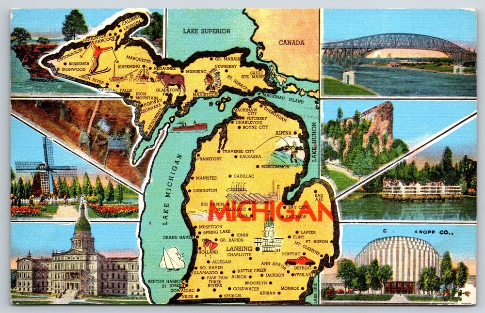 Michigan State Map~Key To Views~Ludington~Roscommon~Postmarked~Vintage Postcard
