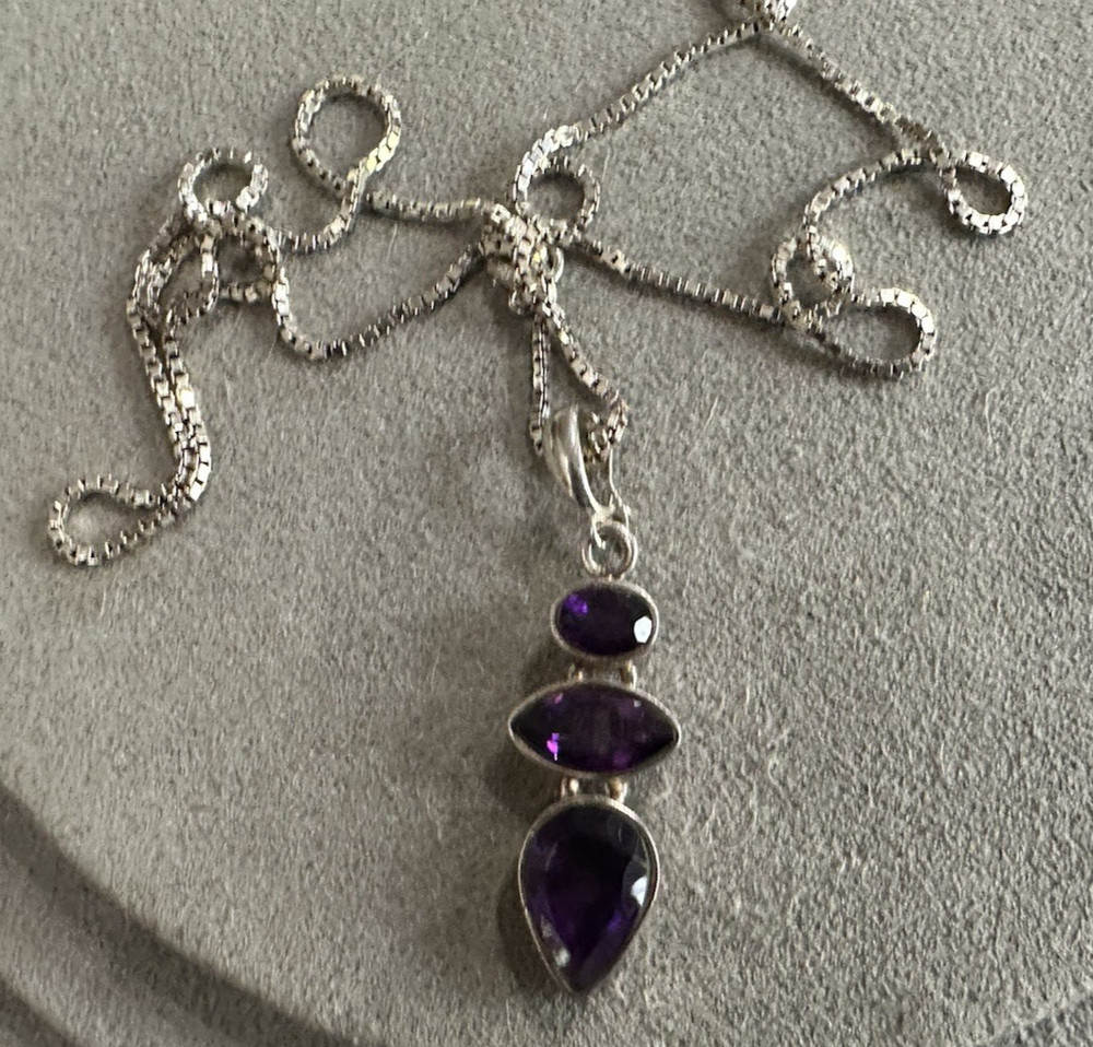 Vintage Sterling Silver Three Stone Amethyst Pendant Necklace 24