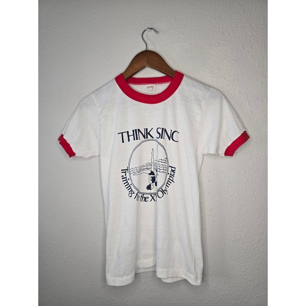 Vintage 80s Olympiad 23 Artistic Swimming Ringer Tee S Retro Olympics Shirt