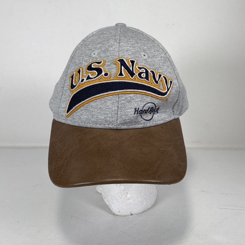 Hard Rock US Navy Hat Cap Strap Back Faux Leather Bill Knit Gray USA Logo Casual