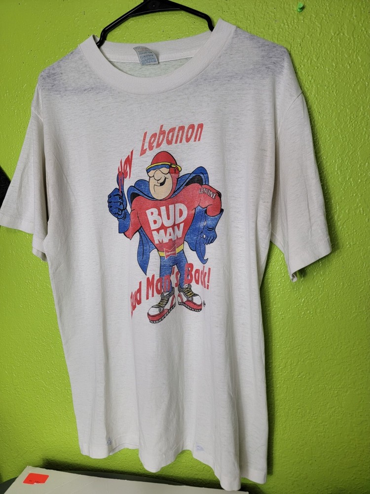 Vintage Budweiser Beer BUD MAN RARE Made In USA 80s Superhero Single Stitch VTG