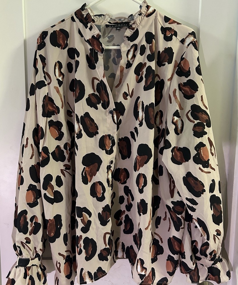 Eloquii Animal Cheetah Print Button Up Blouse Ruffle Trim women’s 3XL, 24, XXXL