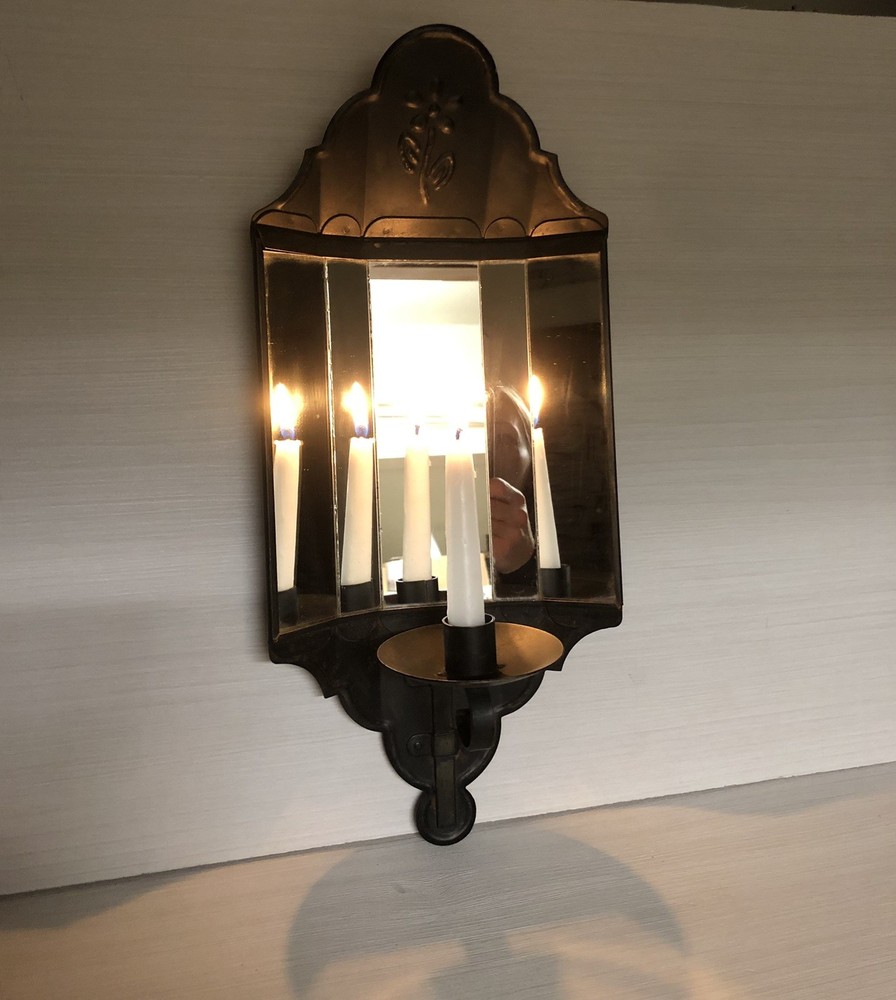 Tin Metal Mirrored Wall Sconce Candle Holder Colonial Vintage Bronze 17”