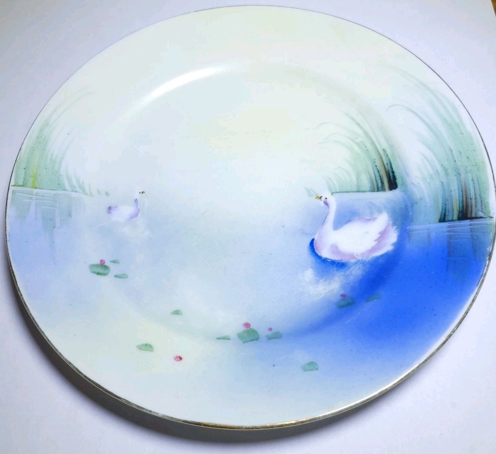 Vintage Nippon Plate Swans Lake Lotus Flowers Hand Painted 7.5
