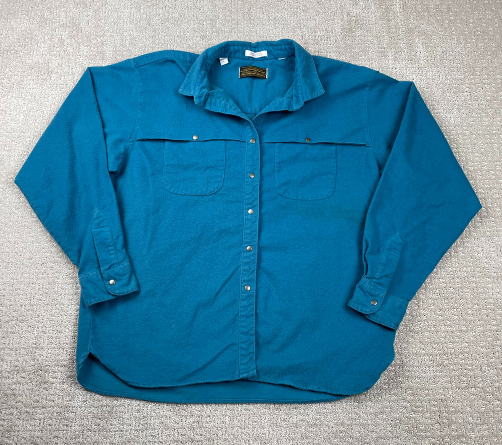 Eddie Bauer Shirt Womens Large Blue Cotton Chamois Snap Vented Outdoors USA Made