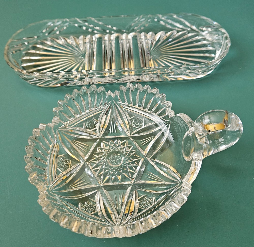 2 Etched Crystal Candy Dishes - Sawtooth Style - Circa 1970s