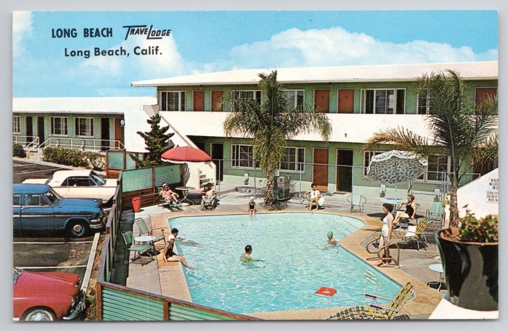 Long Beach Travelodge Motel Pool Postcard, Vintage California Chrome