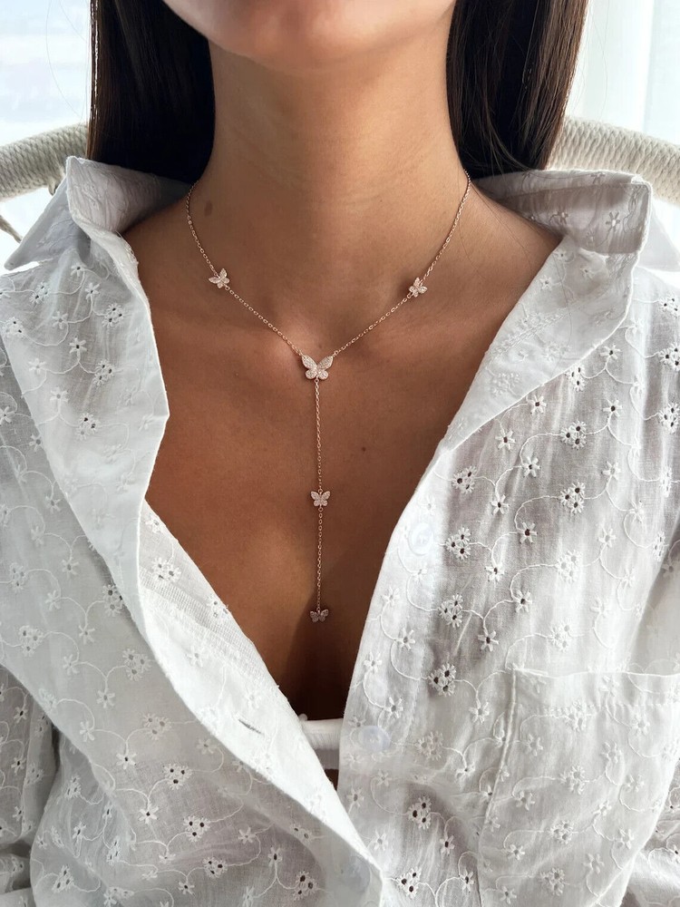 1Ct Created Diamond Cute Butterfly Lariat Necklace 14K Yellow Gold Plated Silver