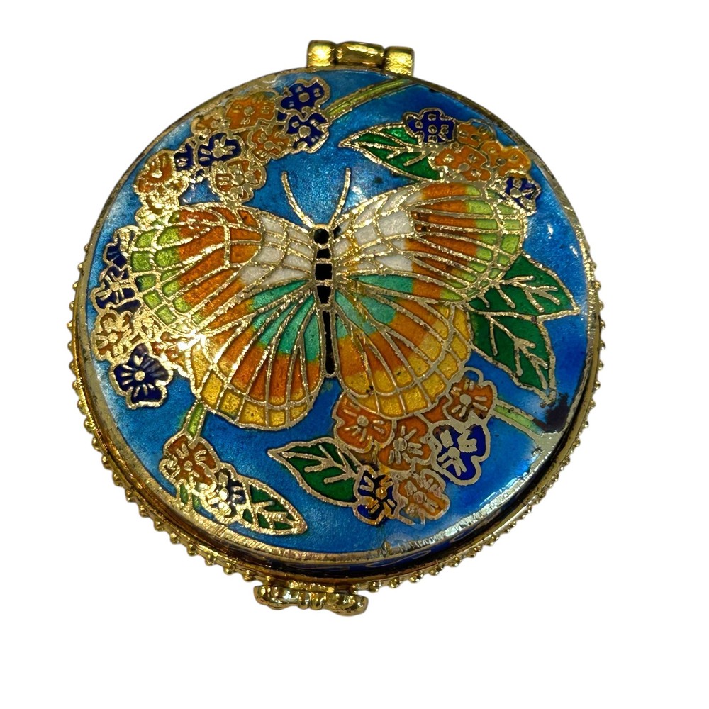 Vtg Cloisonné Round Light Blue Enamel Butterfly Hinged Trinket/Pill Box Gold 2”