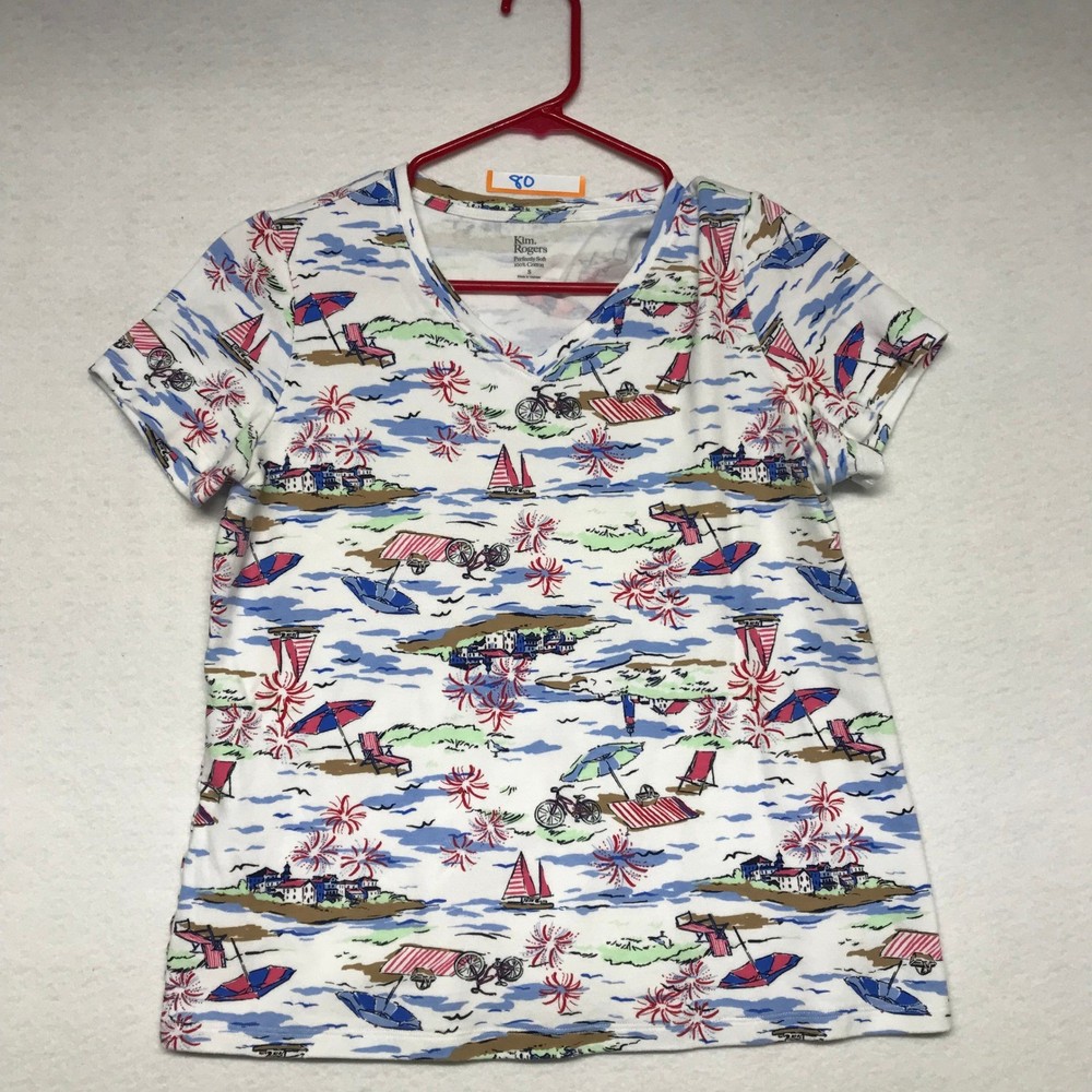 Kim Rogers Womens V Neck T Shirt Beach Scene Print 100 Percent Cotton Size S