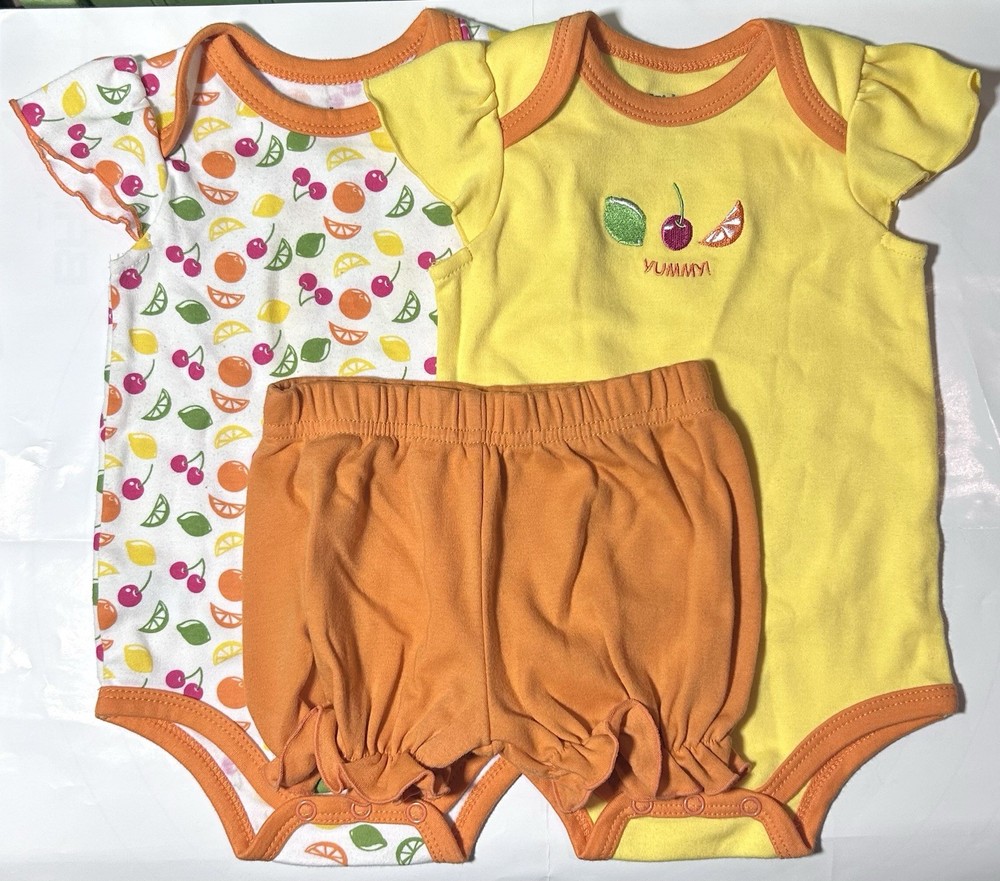 Kidgets Baby Girl 3-6 Months Short Sleeve One pieces + Shorts, 3 Piece Lot