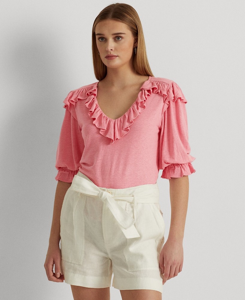LAUREN RALPH LAUREN NWT Women's Ruffle-Trim Jersey Top Pink Size S MSRP $115