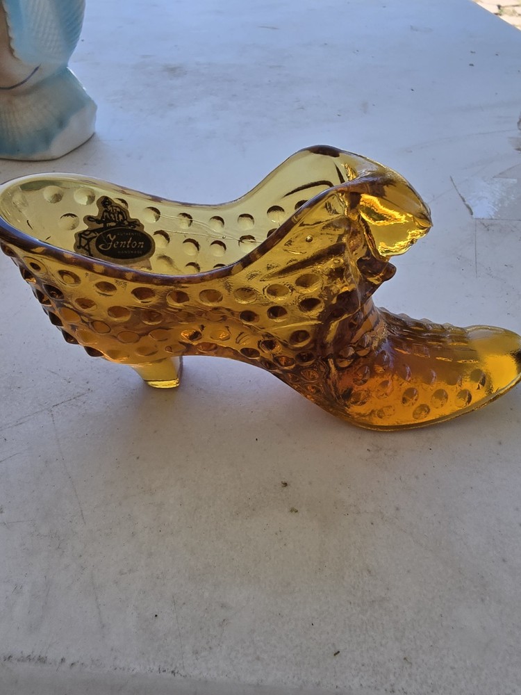 Fenton Amber Hobnail Glass Shoe Figurine, Glossy Finish, 6 in L x 3 in H