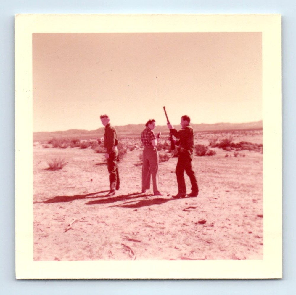 Old Vintage Square Color Photo TRIO MEN WOMAN SHOOTING GUNS RIFLE IN DESERT