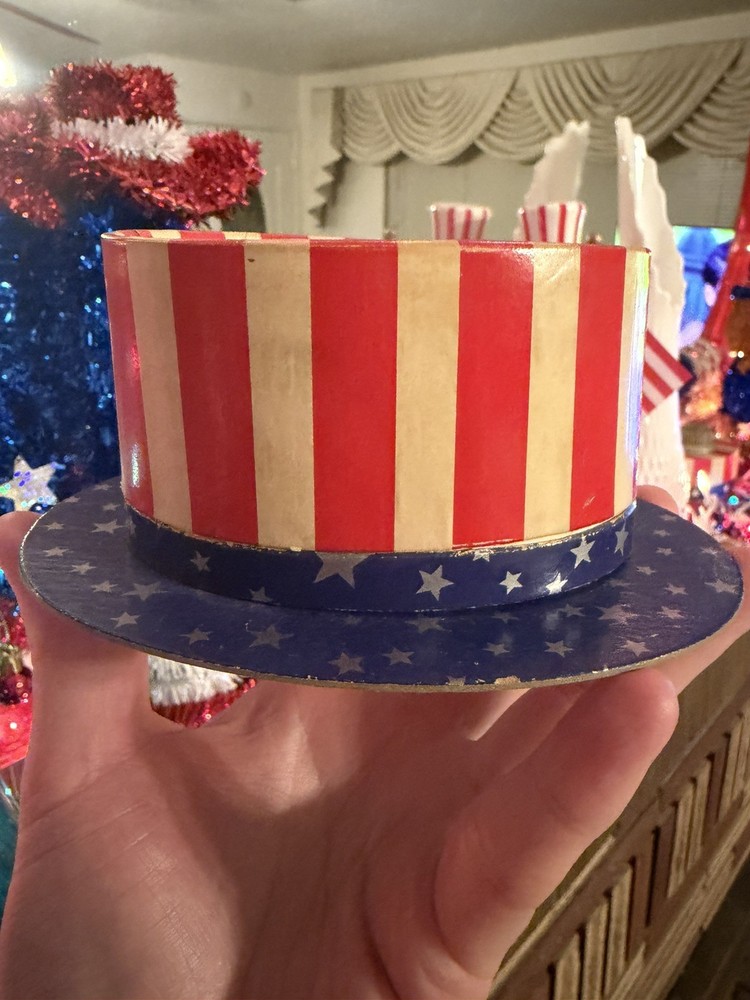 Vintage 4th of July patriotic Sees Candies Uncle Sam Top Hat Candy Container