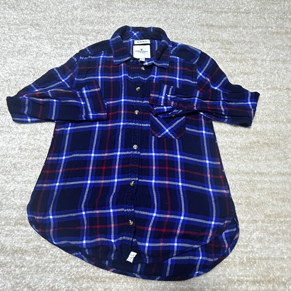 American Eagle Shirt Womens Small Blue Plaid Boyfriend Fit Grunge Soft Comfy