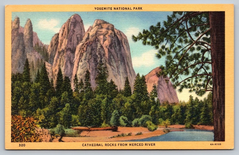 Vintage Yosemite Nat'l Park Cathedral Rocks Linen Postcard Merced River