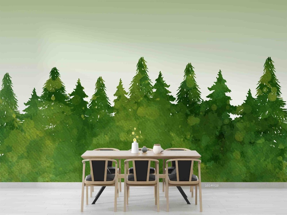 3D Green Pine Forest Watercolor Wall Murals Wallpaper Murals Wall Sticker