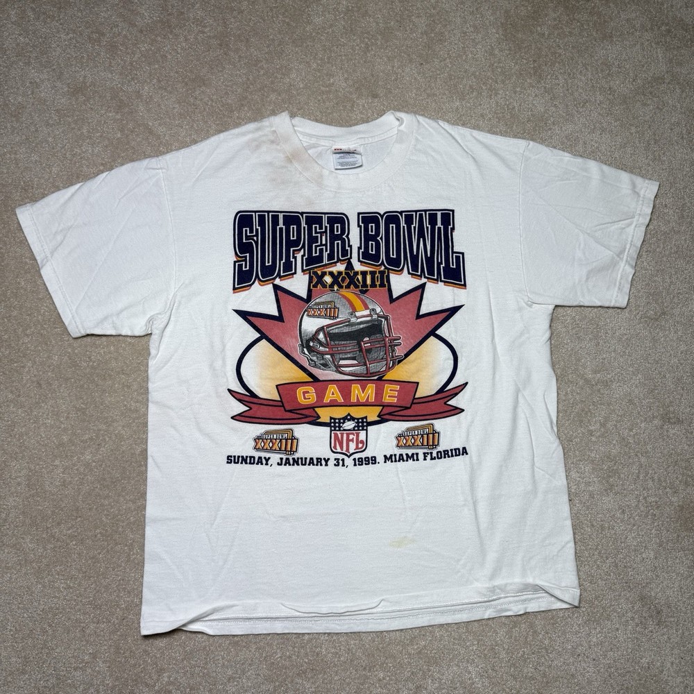 Vtg Super Bowl XXXIII Shirt Mens Large Graphic Tee 1999 Broncos Vs Falcons Y2k