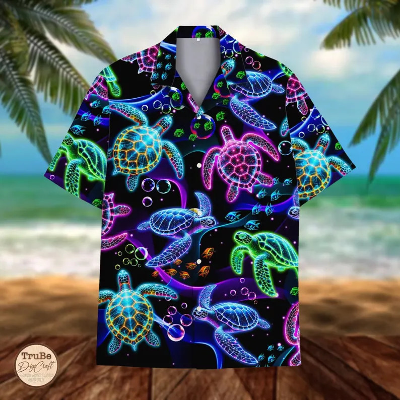Neon Sea Turtle Hawaii Shirt Aloha Beach Vacation Mens Womens Tropical