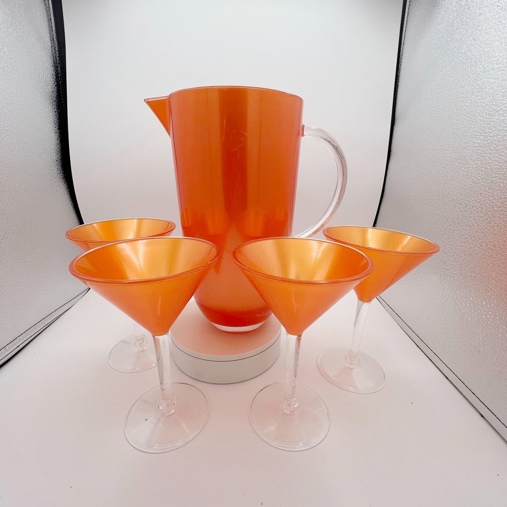 Vintage Orange Acrylic Martini/Cocktail Set, Pitcher & 4 Glasses Retro 70s