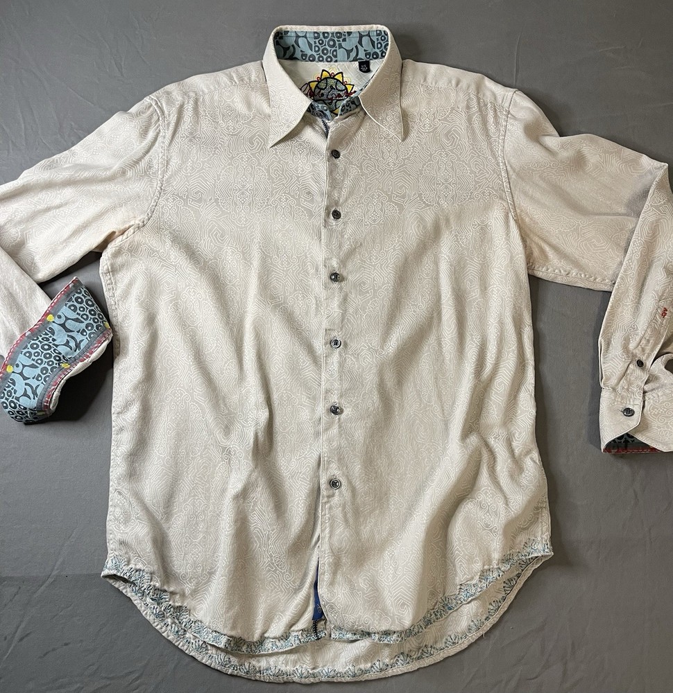 Robert Graham Men’s Large Cream Geometric Button Down Fun Flip Cuffs Shirt