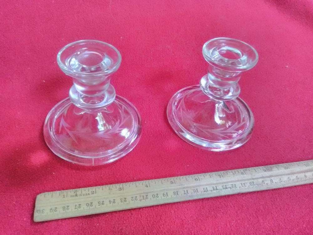 Vintage Pair Clear Depression Glass Etched Taper Candlestick Candle Holders