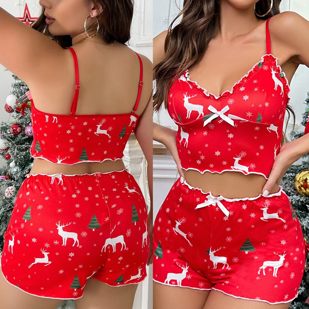 Christmas Women Nightwear Silk Tops and Panty Set Pajamas Sleepwear Plus Size
