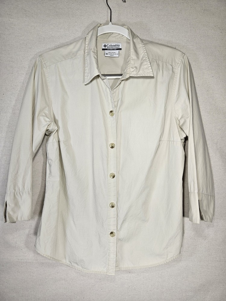Columbia Women's Large Beige Button-Up 3/4 Length Sleeve Shirt Hiking Travel Top