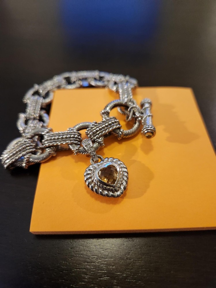 JUDITH RIPKA Sterling Link Toggle Bracelet with Citrine CZ Heart Charm, 7.5