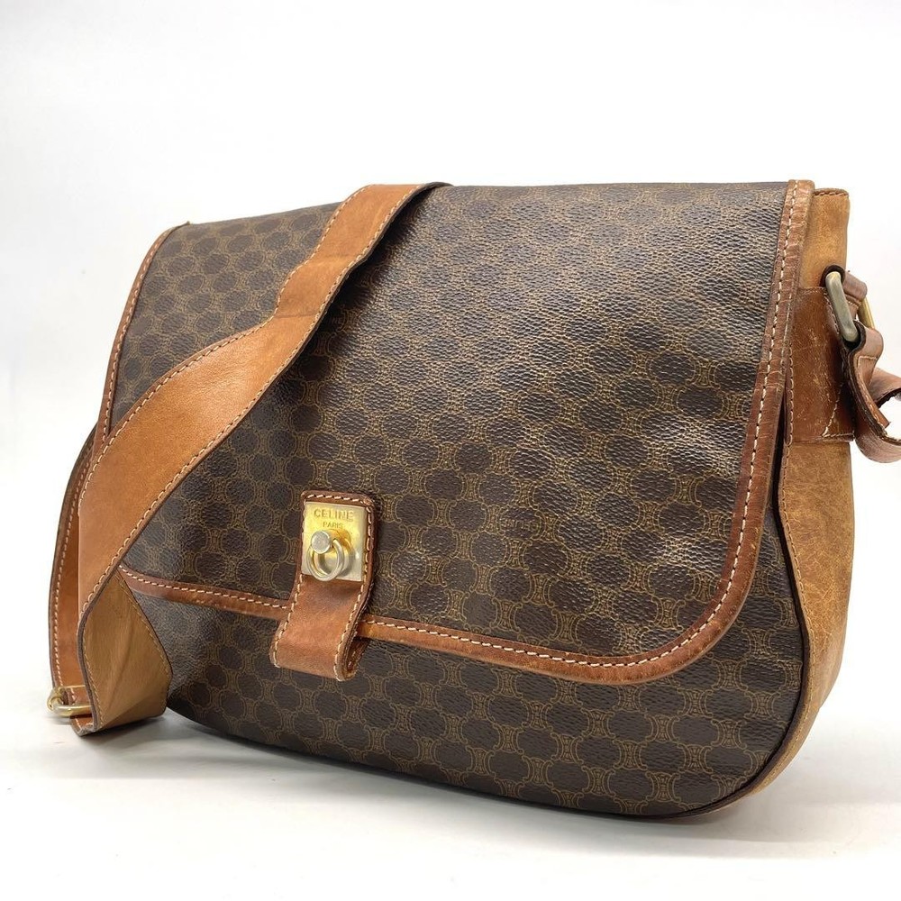Authentic Celine Shoulder Bag Crossbody Macadam Gold Hardware PVC Leather Brown