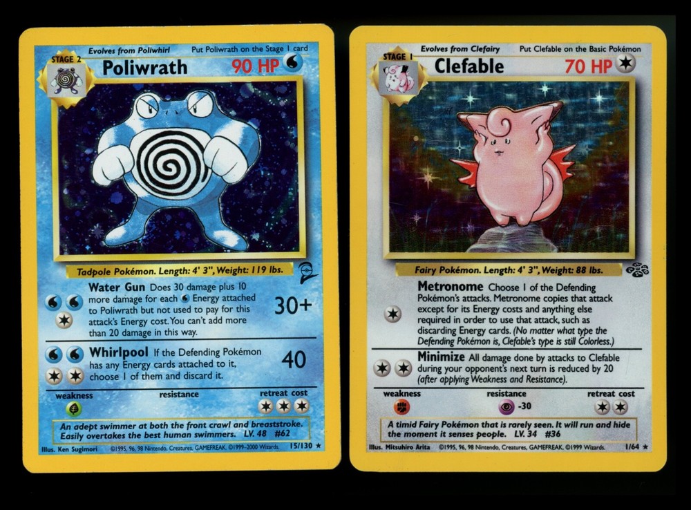 Poliwrath 15/130 Base 2 Clefable 1/64 Jungle Holo Vintage Pokemon Card Lot WOTC