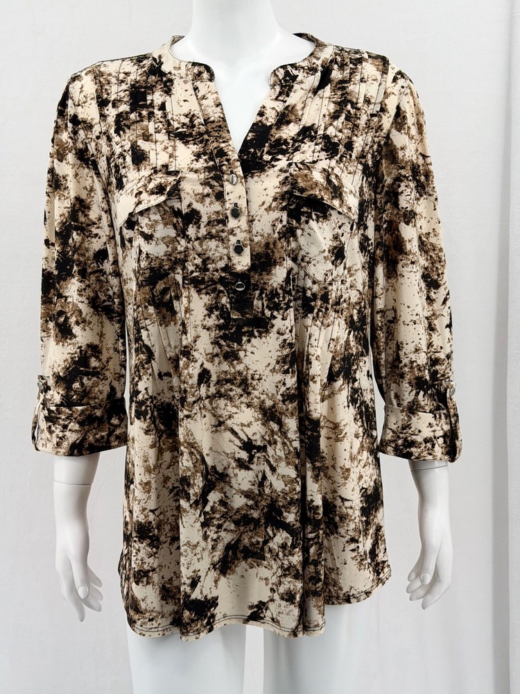 Cocomo Top Womens 1X Beige Brown Abstract 3/4 Sleeve V-Neck Stretch Office Work