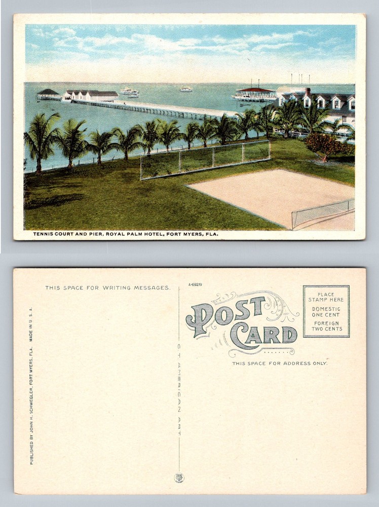 Fort Myers, FL-Florida, Royal Palm Hotel Tennis Court & Pier Vintage Postcard