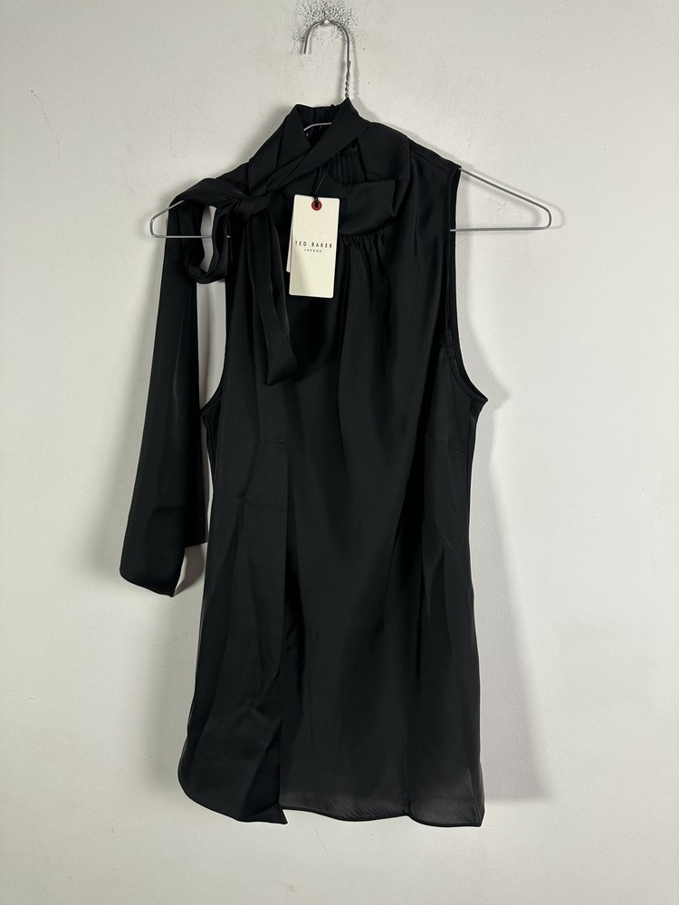 TED BAKER BLOUSE NEW HALTERNECK TOP Satin Black Neck Tie BNWT 10 12