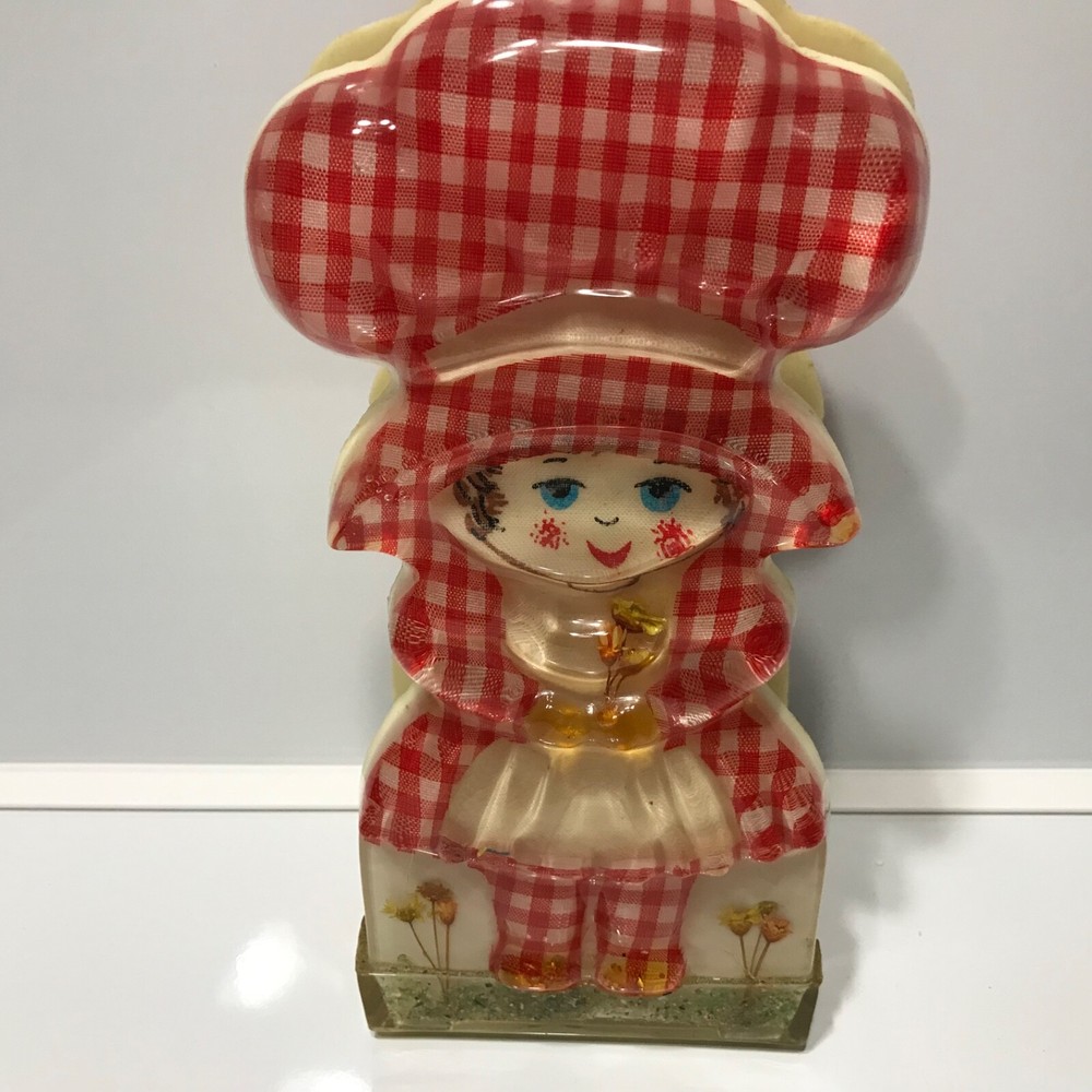 1960's lucite napkin holder girl in red and white gingham check clothing USA