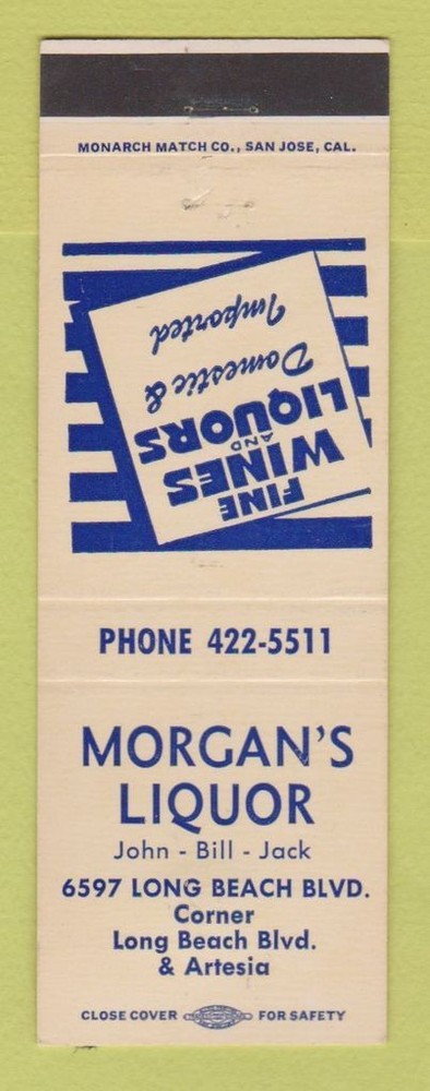 Matchbook Cover - Morgan's Liquor Long Beach? CA WORN BACK