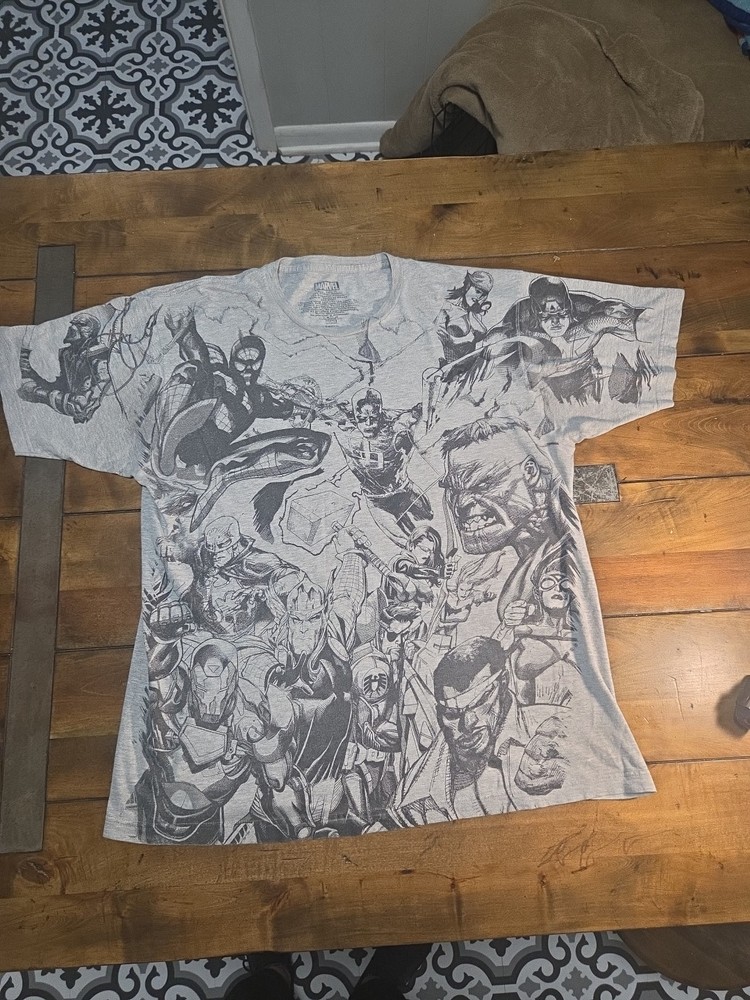 Marvel Comics All Over Print T Shirt XL Gray Graphic AOP Mens Sketch Tee